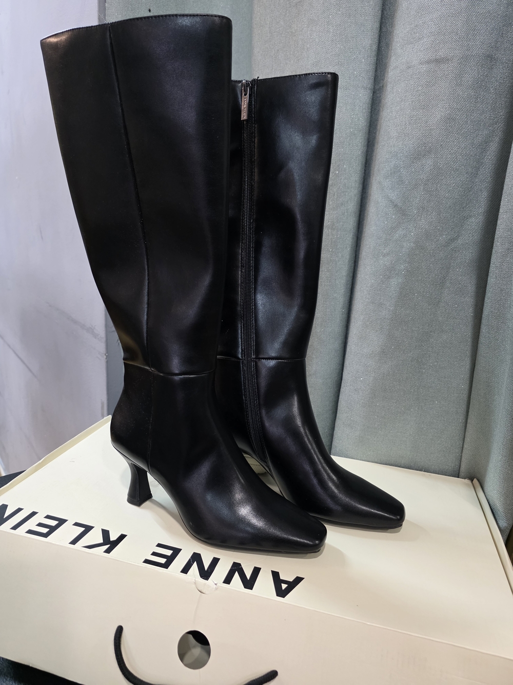 Anne Klein Black Knee-High Heeled Leather Boots